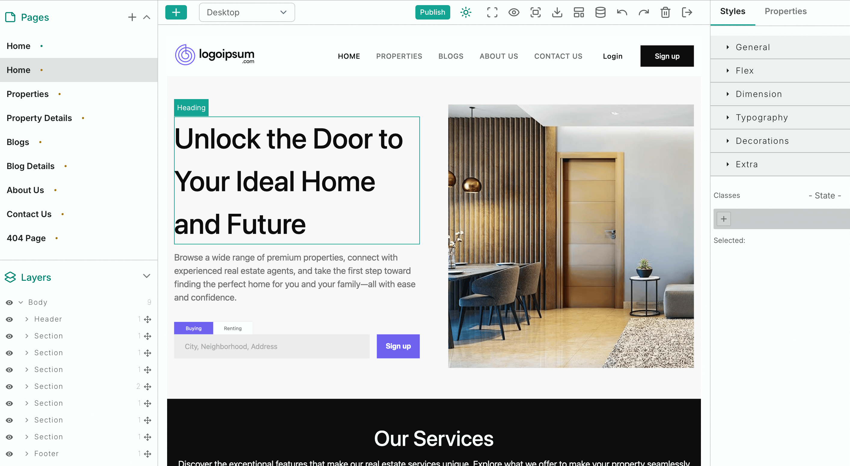 BrokerageSpace Website Builder — drag-and-drop GrapesJS editor with pages and layers panels, real estate site preview, and styles inspector