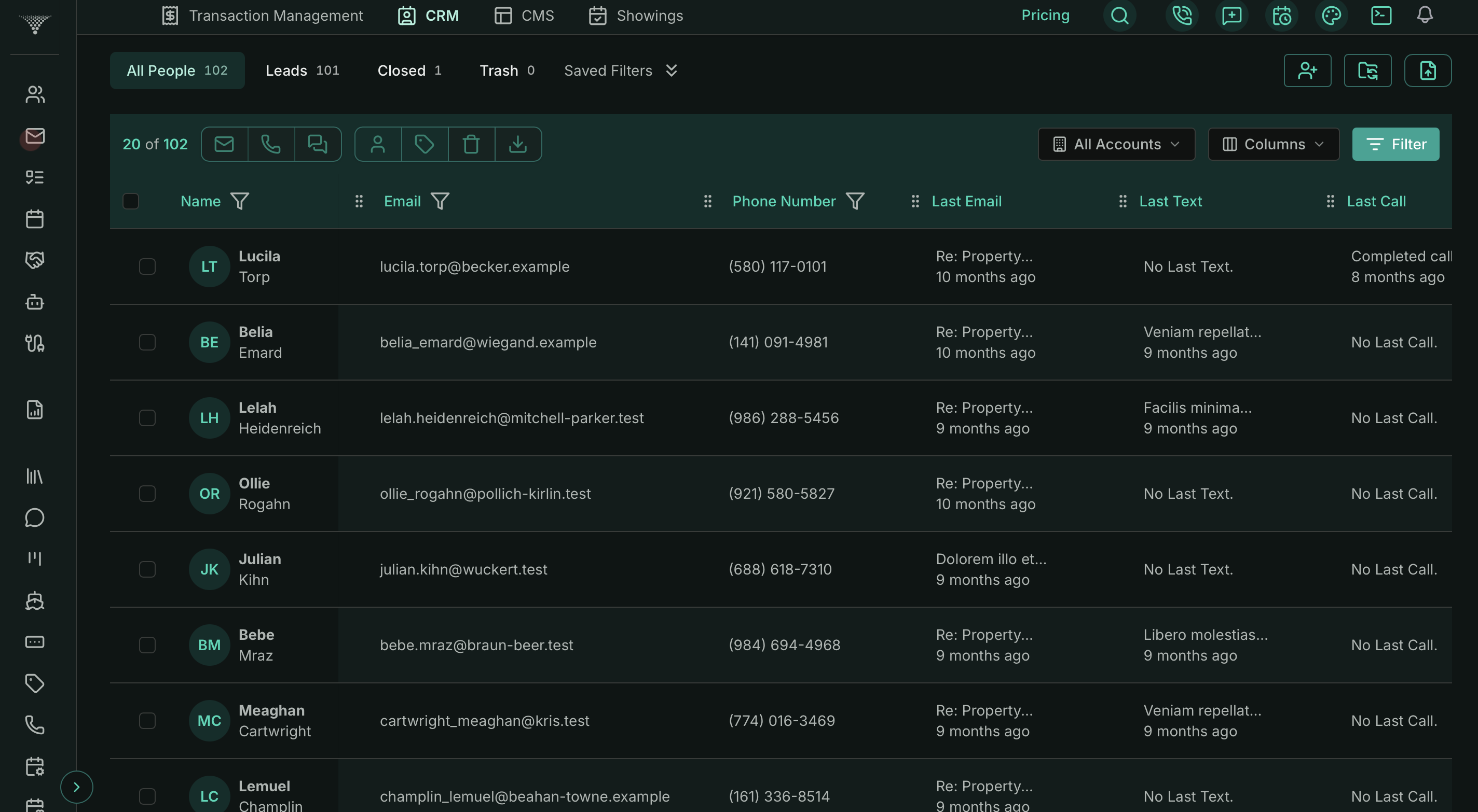 BrokerageSpace CRM — All People list with 102 contacts split across Leads, Closed and Trash tabs, showing per-contact email, phone, last email, last text, and last call timestamps