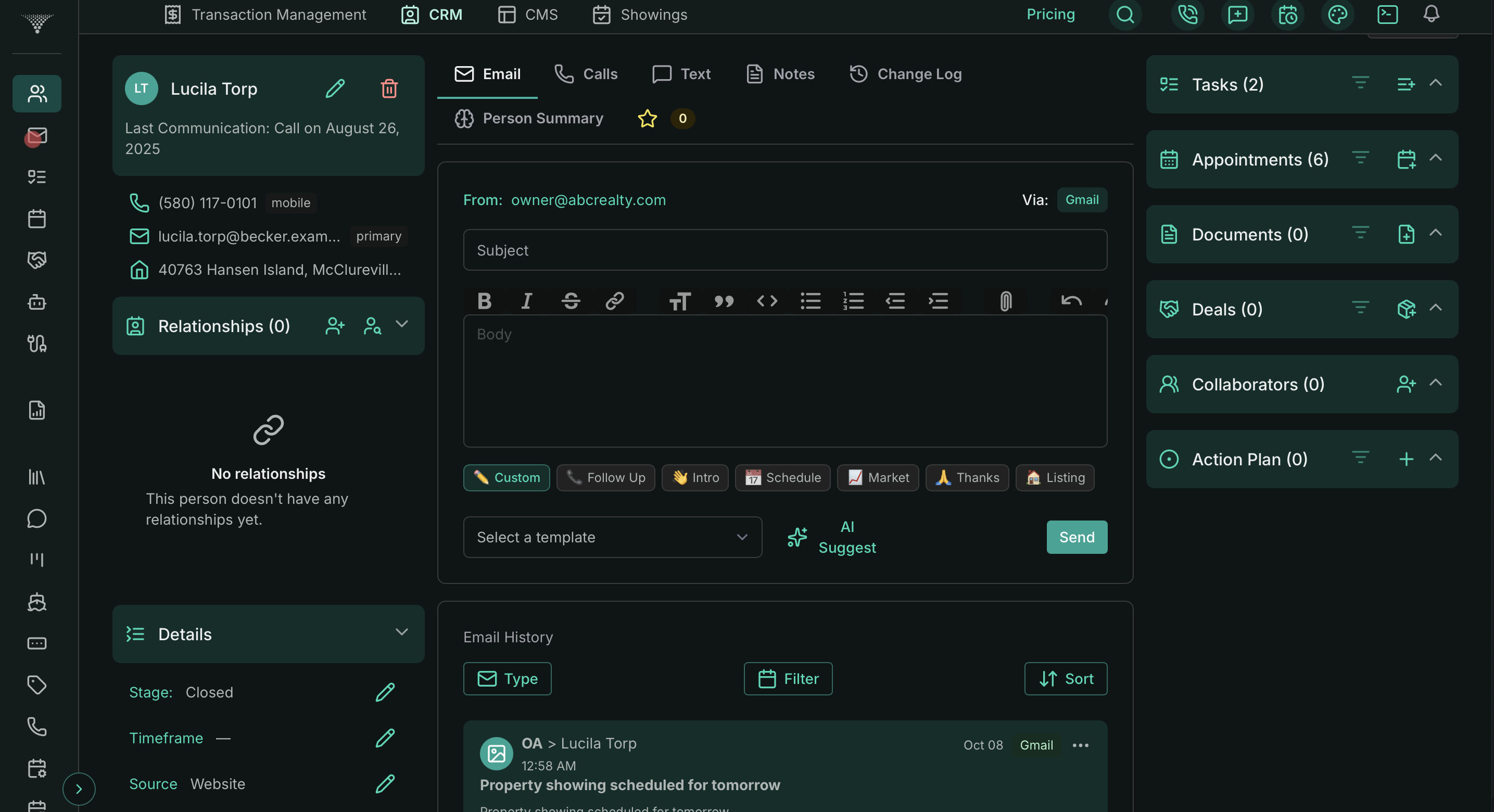 BrokerageSpace CRM — Person detail page showing email composer, contact info, relationships sidebar, and Tasks/Appointments/Documents/Deals/Collaborators/Action Plan modules
