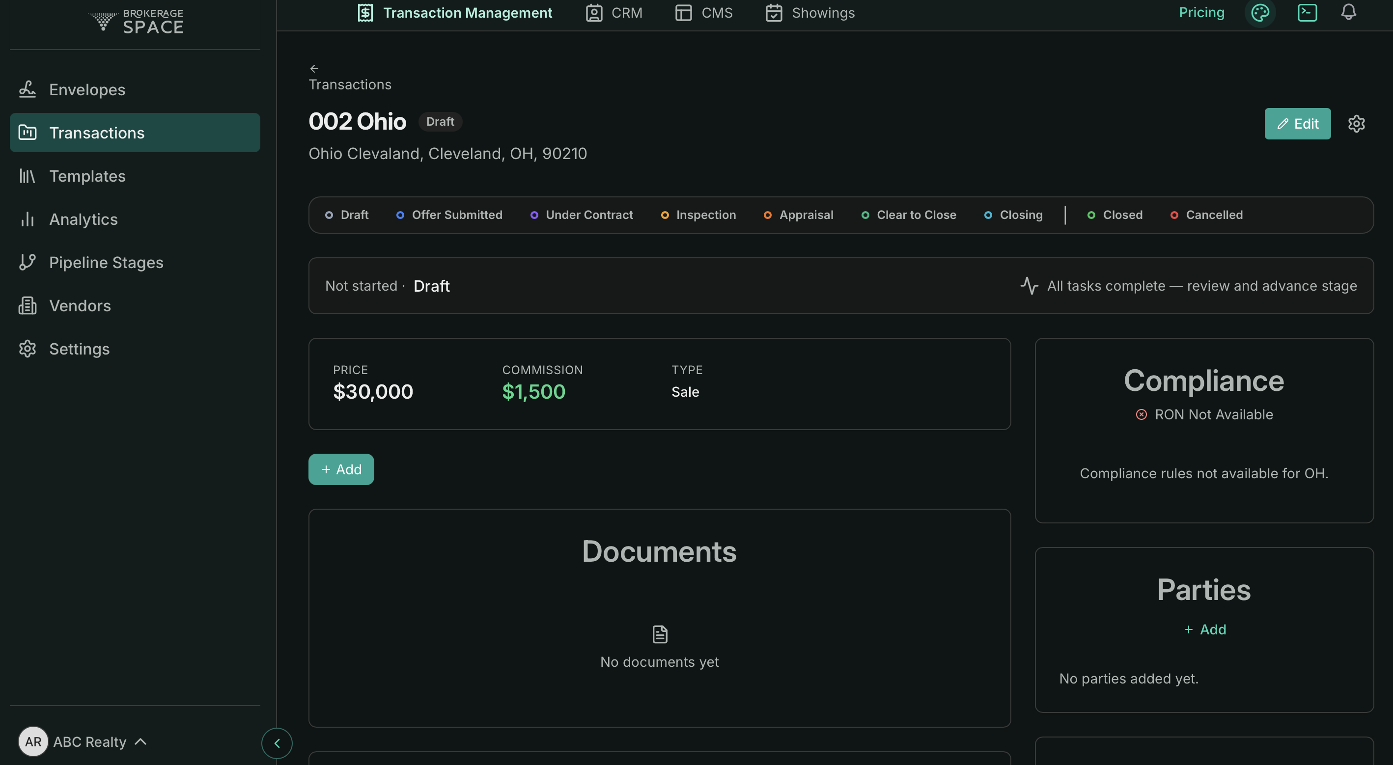 BrokerageSpace Transaction view — workflow stages, price/commission/type fields, Documents and Parties panes for a sale transaction