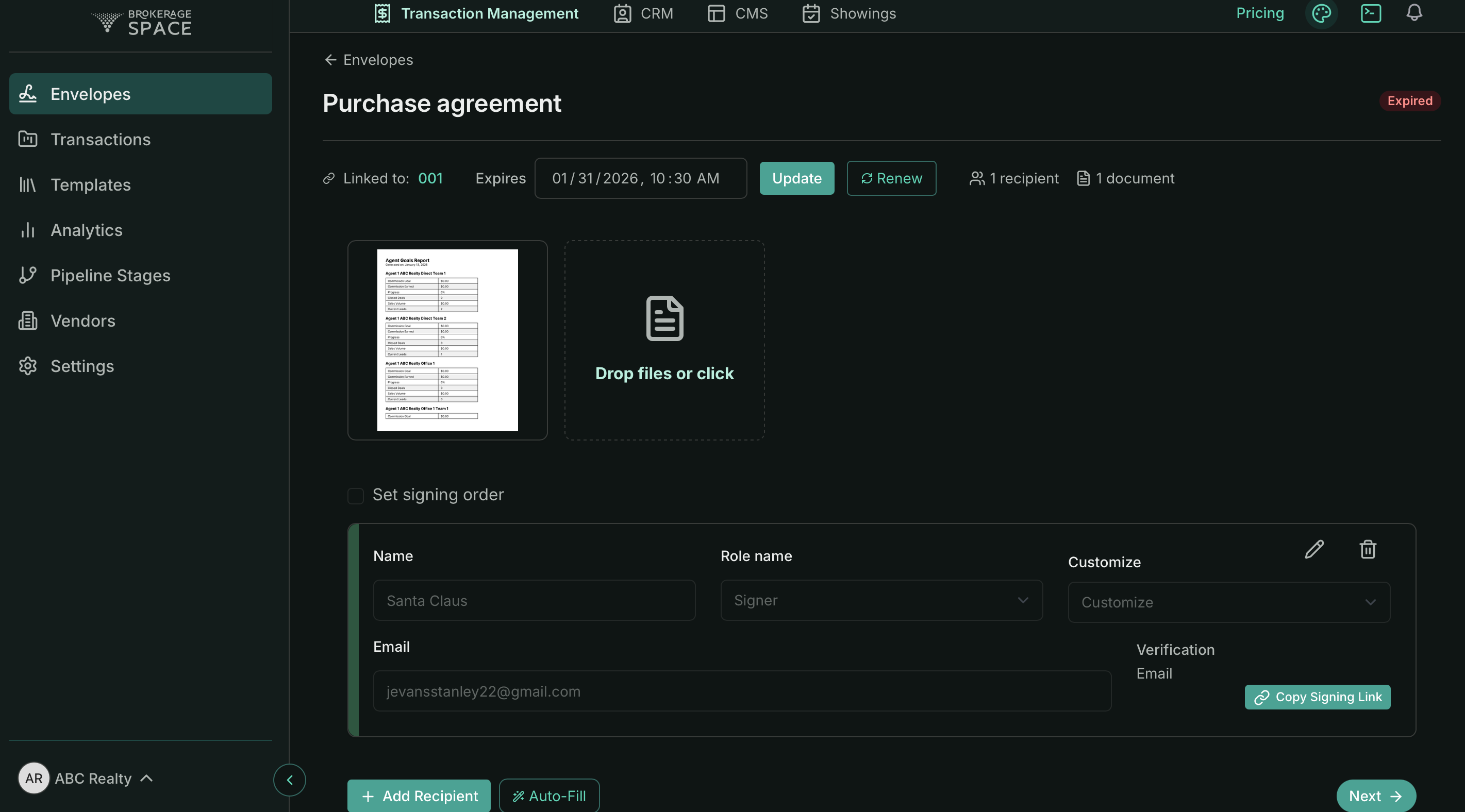 BrokerageSpace E-signature envelope — Purchase agreement with document preview, expiry timestamp, signing-order toggle, recipient details and signing link