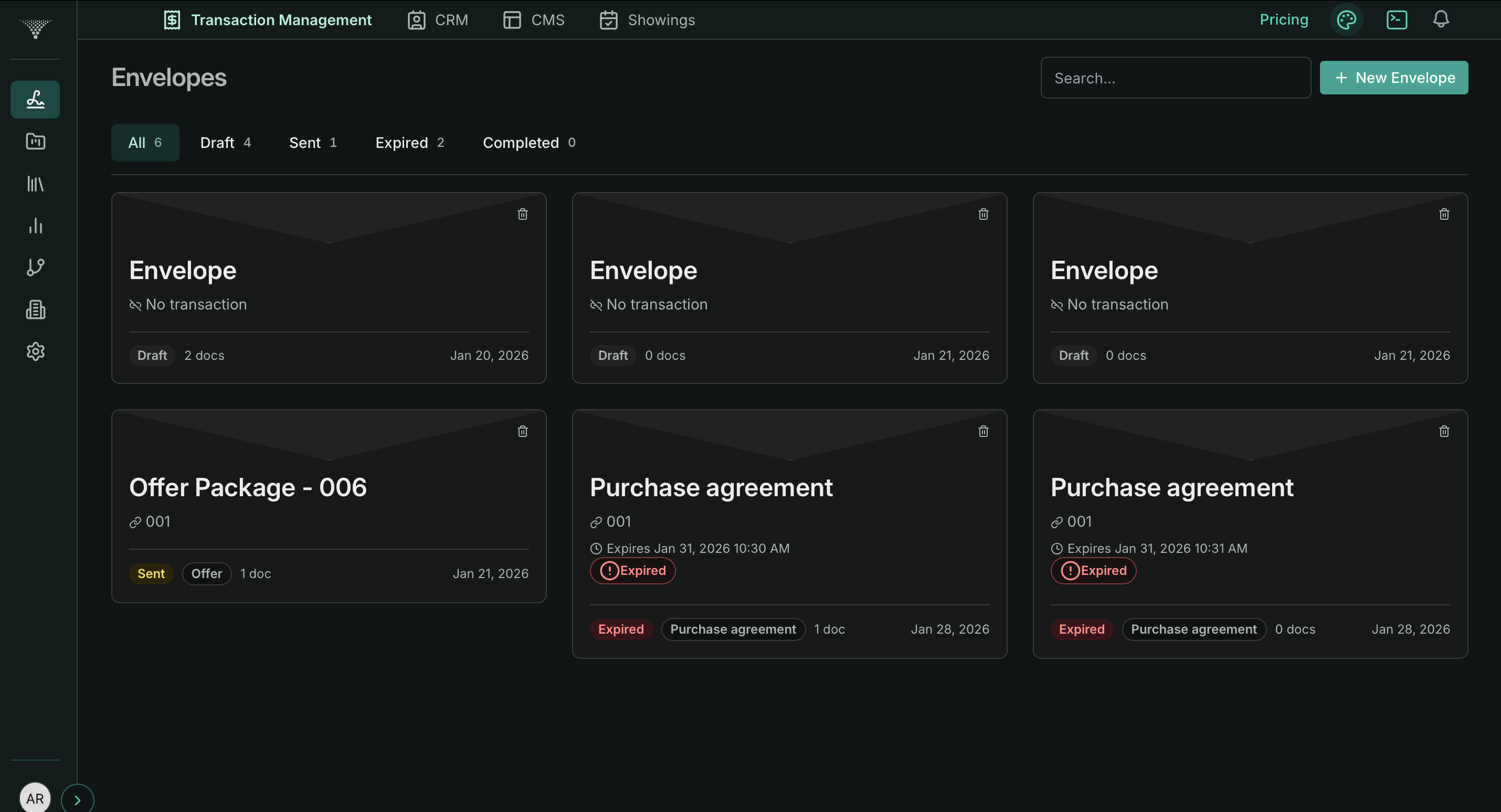 BrokerageSpace Transaction Management — Envelopes index showing draft, sent, and expired e-signature envelopes